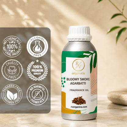 Bloomy Smoke Agarbatti Fragrance Oil in a premium aluminium bottle with quality icons highlighting long-lasting aroma, premium quality, IFRA compliant, cruelty-free, and multipurpose fragrance applications.