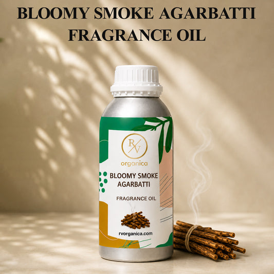 Bloomy Smoke Agarbatti Fragrance Oil in a premium aluminium bottle with an elegant floral background, showcasing its smoky floral incense aroma for agarbatti, candles, soaps, perfumes, and home fragrance products. - second image