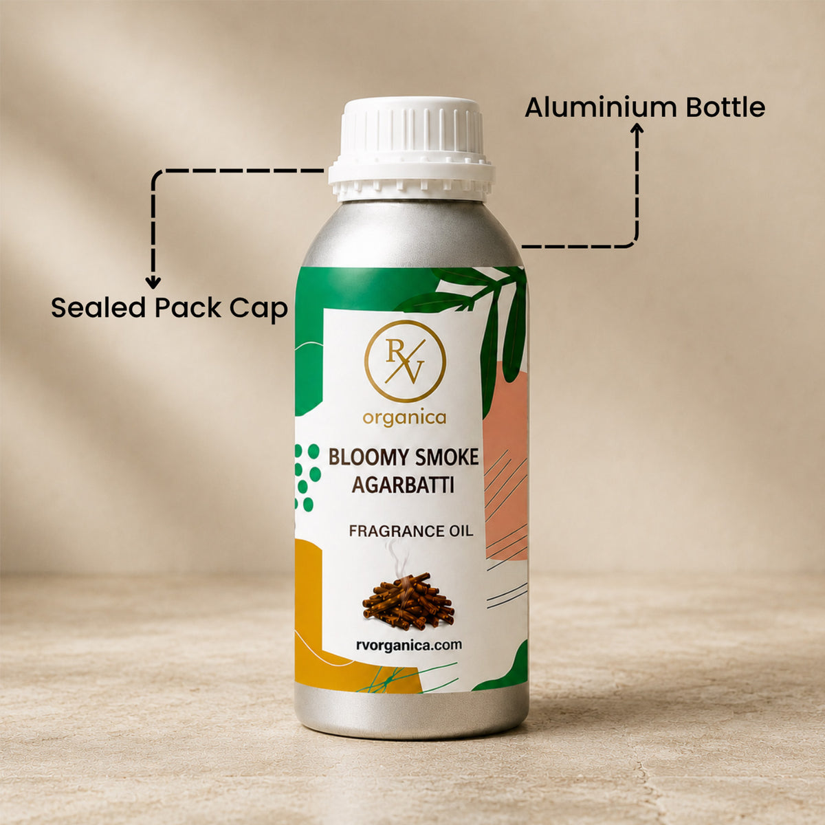 Sealed aluminium bottle of Bloomy Smoke Agarbatti Fragrance Oil, ensuring purity, freshness, leak-proof packaging, and premium fragrance quality for bulk and personal use.