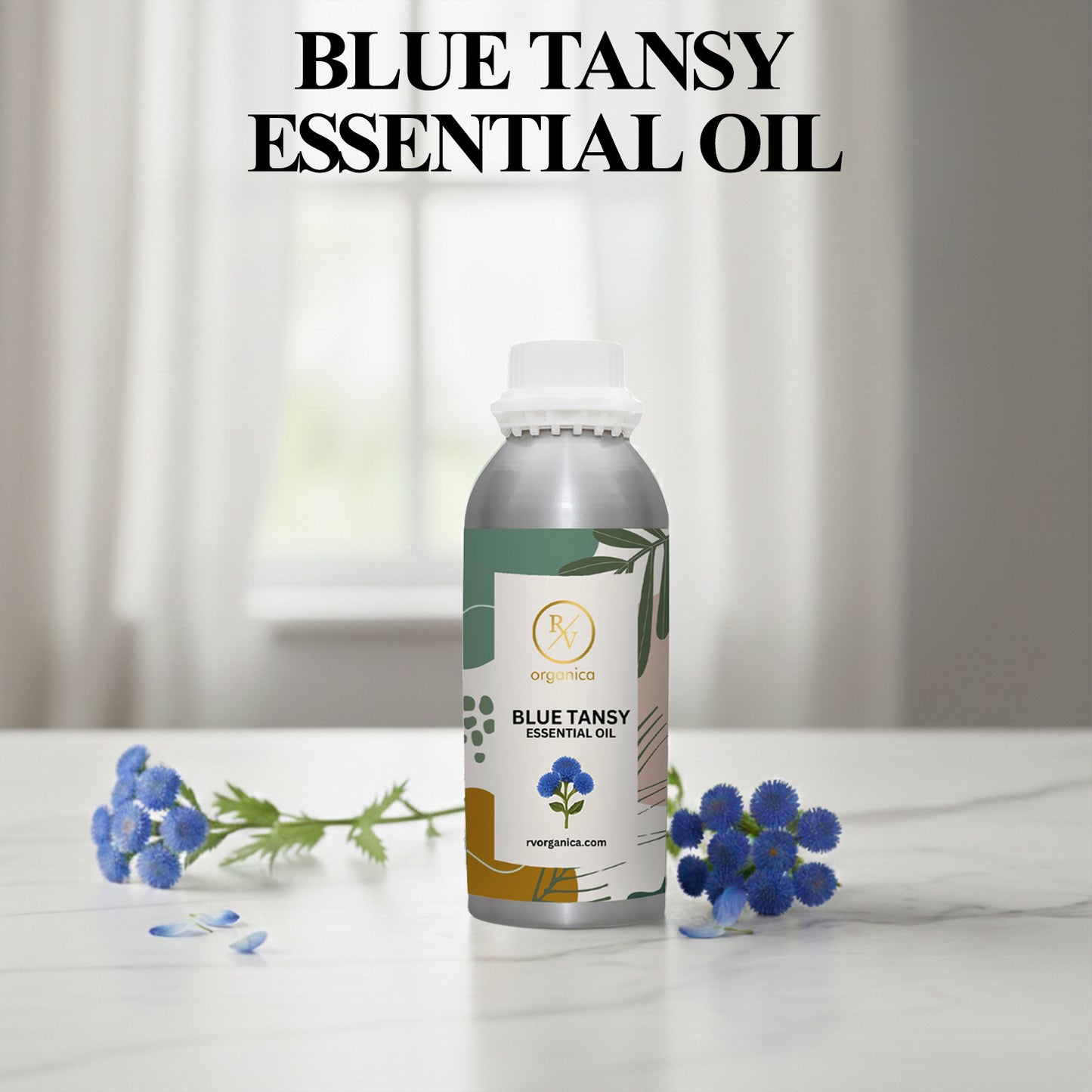 Blue Tansy Essential Oil premium aluminium bottle with floral botanical background