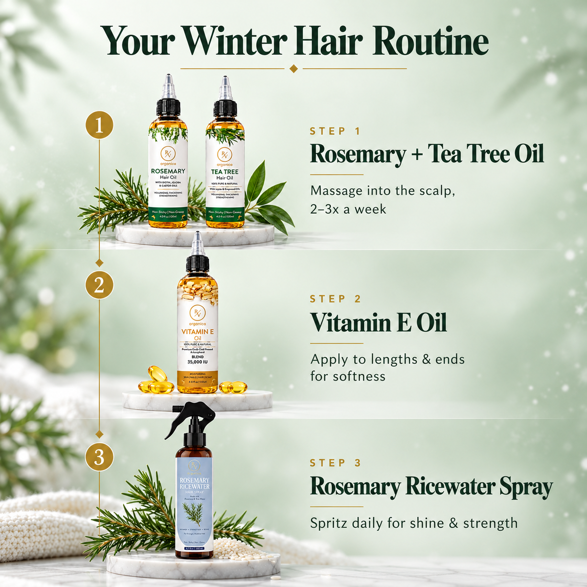 Winter hair routine with rosemary and tea tree scalp oil, vitamin E for ends and ricewater spray