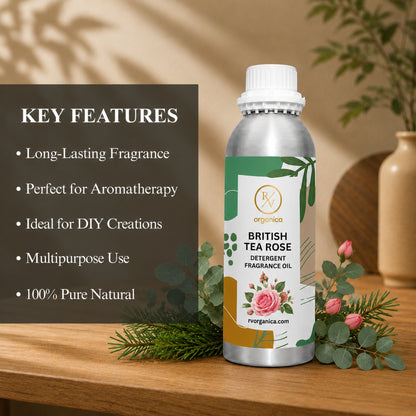 Key features of British Tea Rose Detergent Fragrance Oil include a luxurious rose floral laundry aroma, long-lasting fragrance, ideal for detergents and fabric conditioners, enhanced freshness, IFRA compliant, premium quality, and multipurpose use.