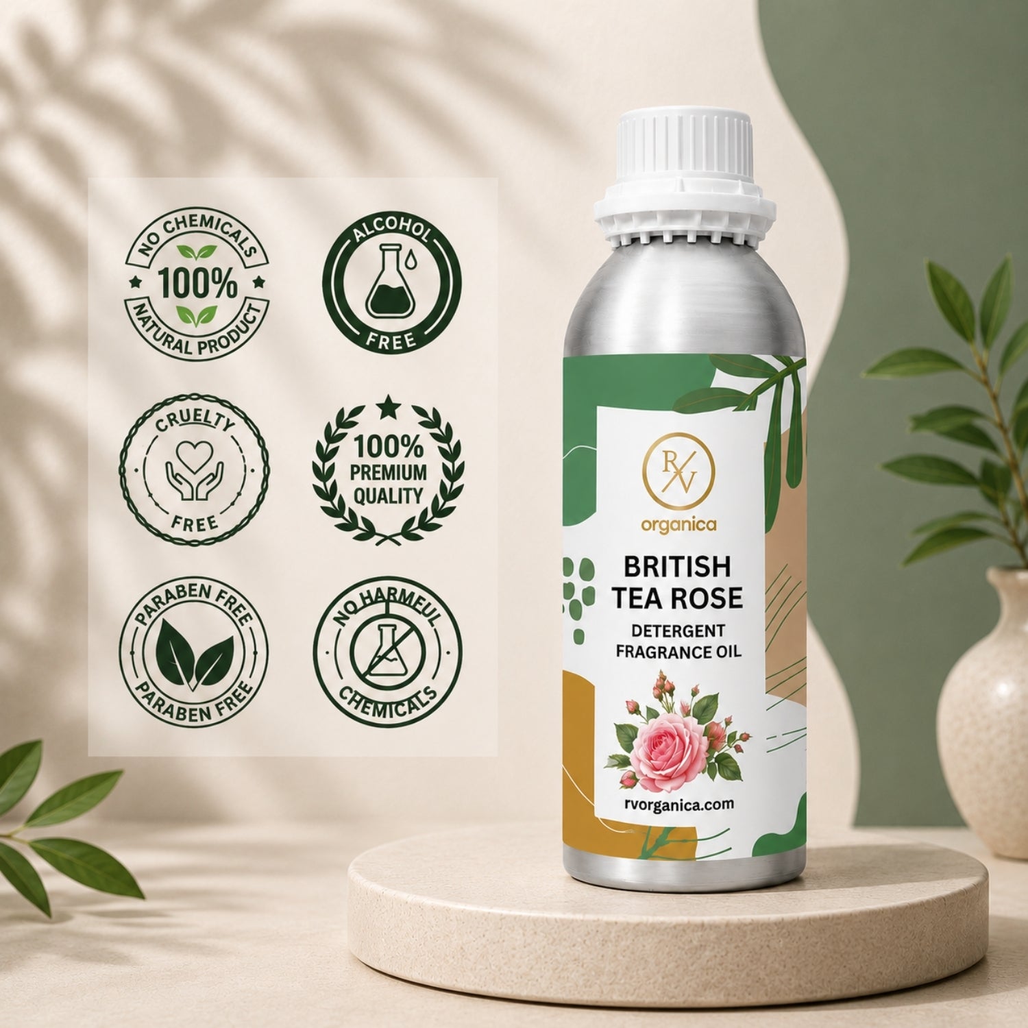 British Tea Rose Detergent Fragrance Oil in a premium aluminium bottle with quality icons highlighting long-lasting fragrance, premium quality, IFRA compliant, cruelty-free, Made in India, and multipurpose fragrance applications.