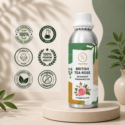 British Tea Rose Detergent Fragrance Oil in a premium aluminium bottle with quality icons highlighting long-lasting fragrance, premium quality, IFRA compliant, cruelty-free, Made in India, and multipurpose fragrance applications.