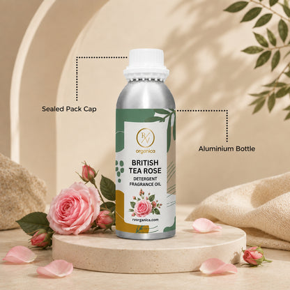 Sealed aluminium bottle of British Tea Rose Detergent Fragrance Oil, ensuring purity, freshness, leak-proof packaging, and premium fragrance quality for bulk and personal use.