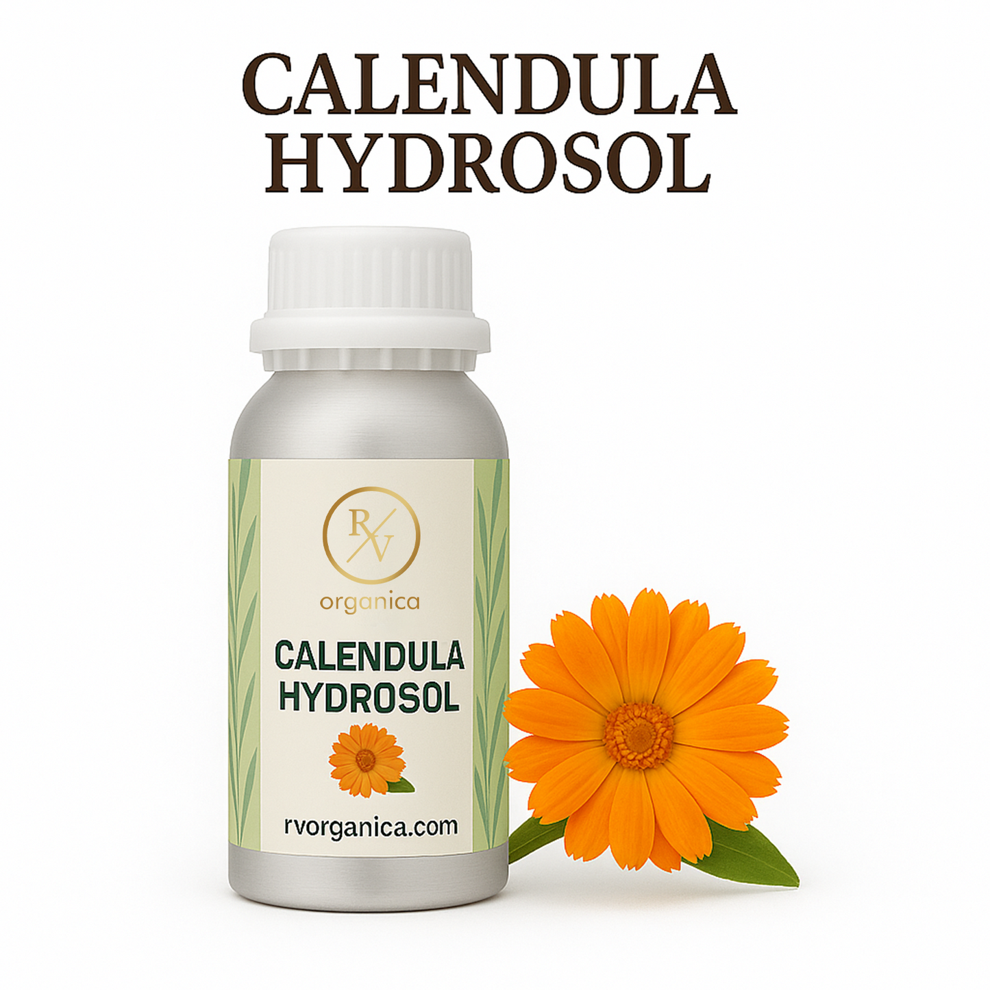 A bottle of Calendula Hydrosol with a bright orange flower directly next to it, and the brand name RV Organica displayed on the label.