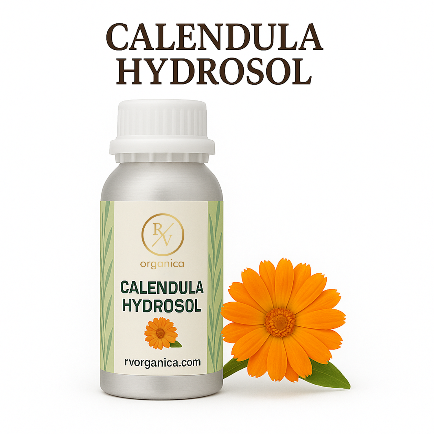 A bottle of Calendula Hydrosol with a bright orange flower directly next to it, and the brand name RV Organica displayed on the label.