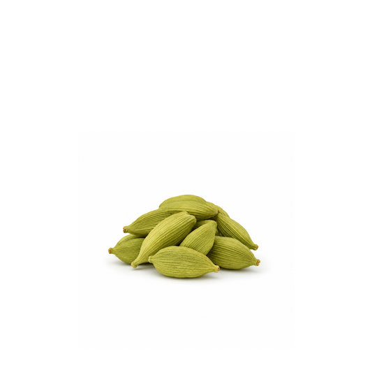 Fresh green cardamom pods isolated on white background for natural essential oil and aromatherapy product display