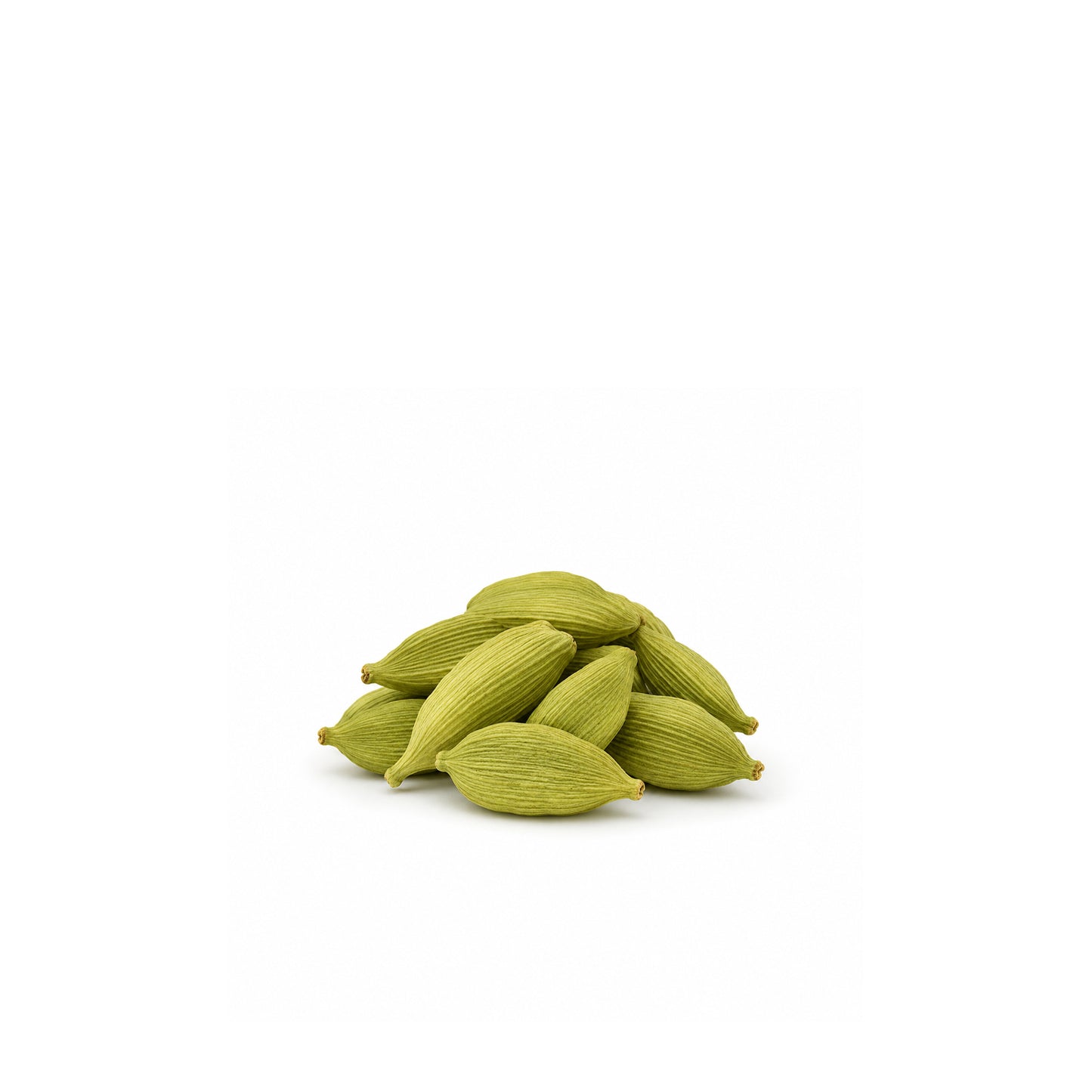 Fresh green cardamom pods isolated on white background for natural essential oil and aromatherapy product display