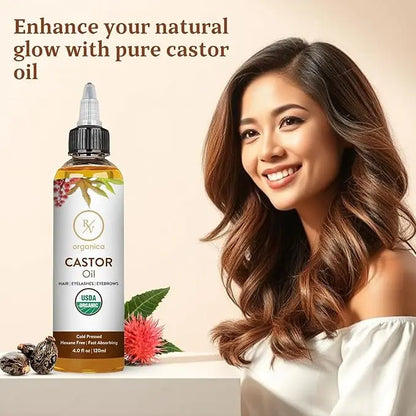 Castor oil beauty benefits for hair, eyebrows, and eyelashes by RV Organica