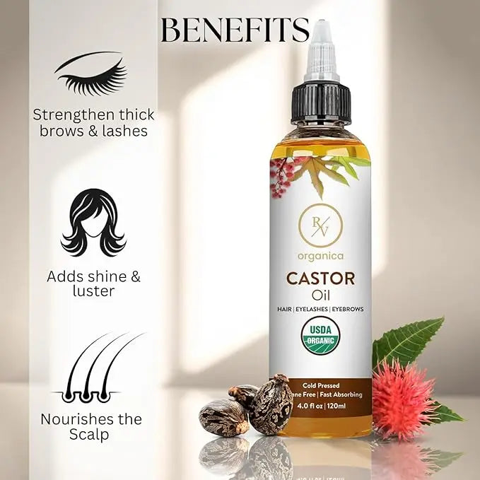 Pure castor oil for hair, brows, and lashes by RV Organica