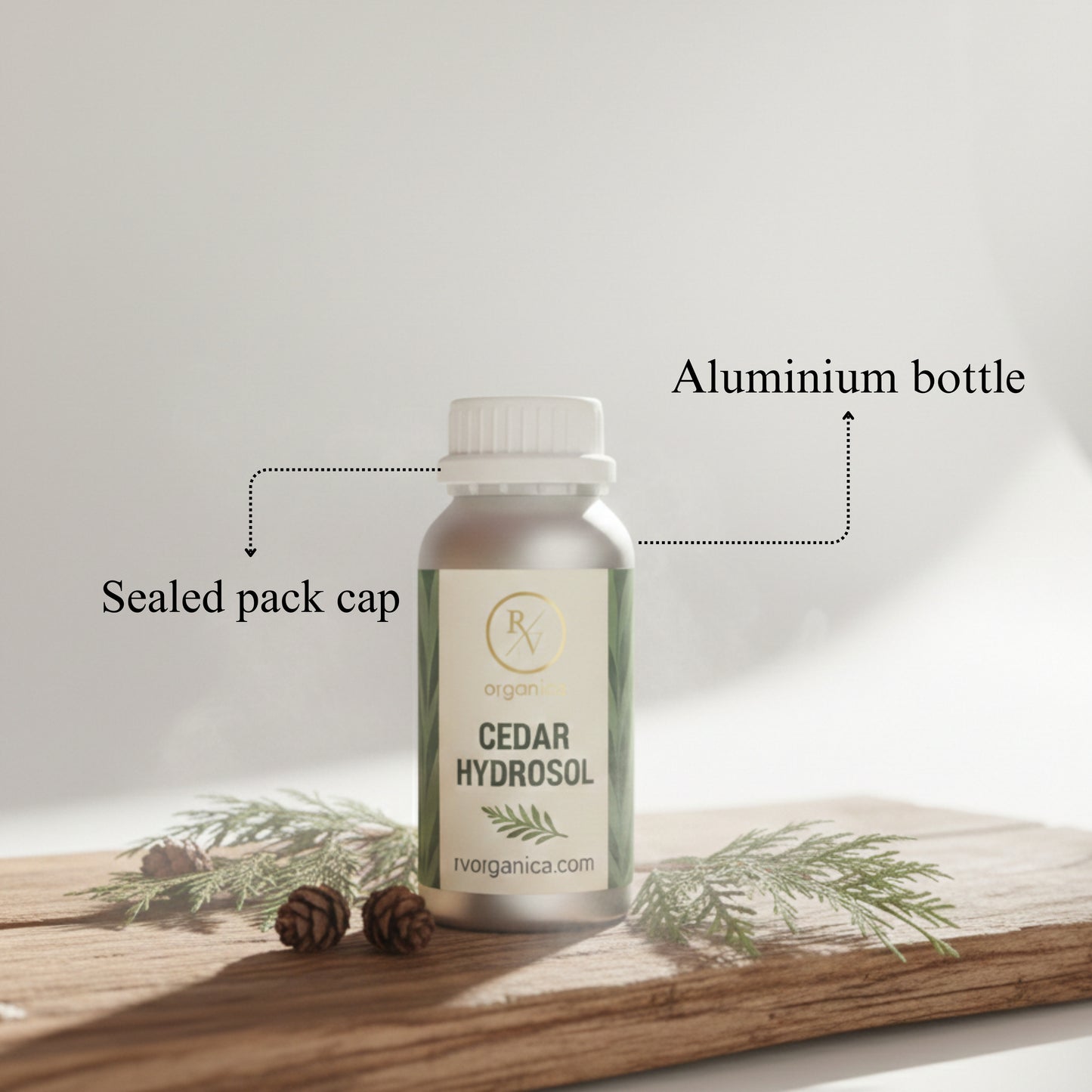 Cedar Hydrosol in aluminium bottle with sealed cap – pure natural cedar floral water for skin and scalp care