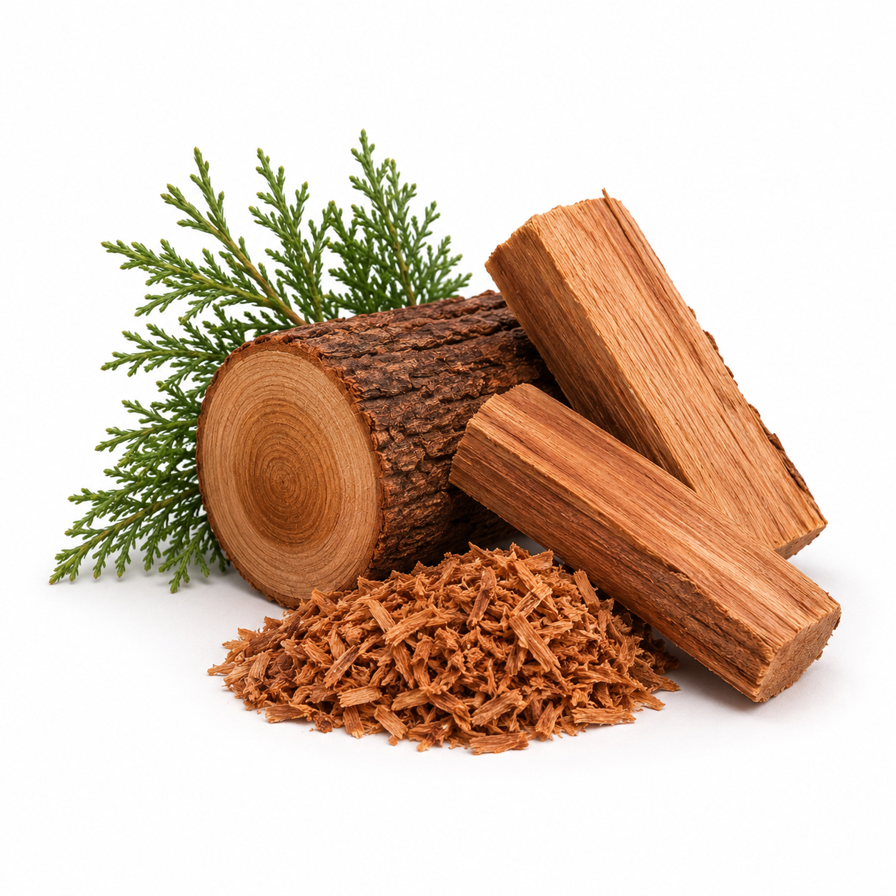RV Organica Cedarwood logs with wood shavings and green branches on white background