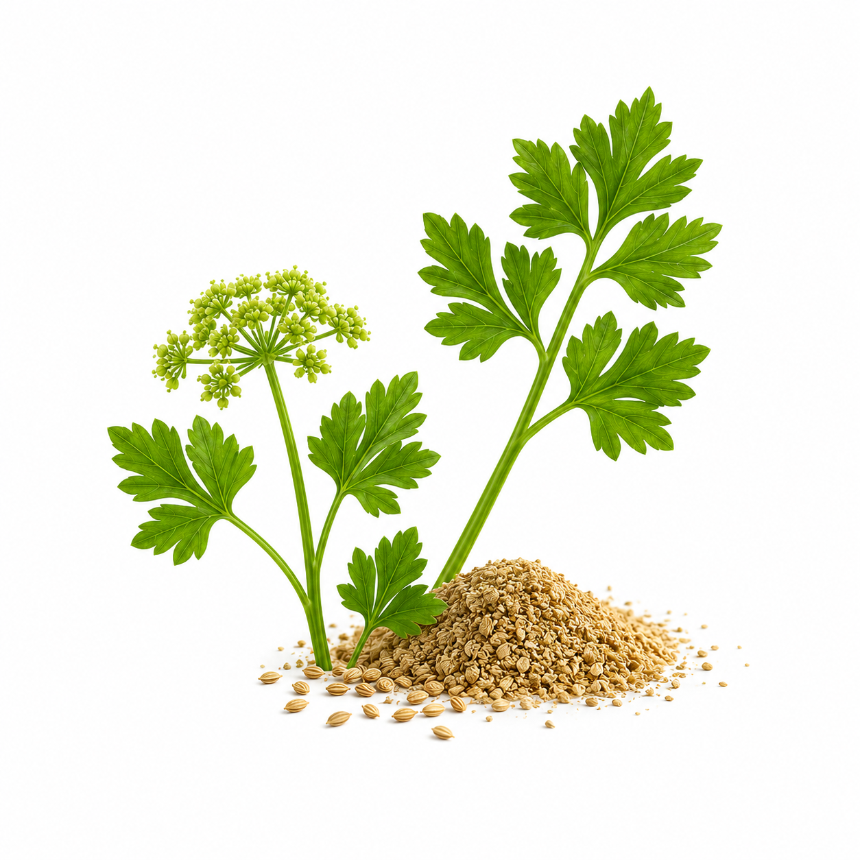 Celery Seed Essential Oil bottle with celery seeds and fresh green celery leaves on a clean white background