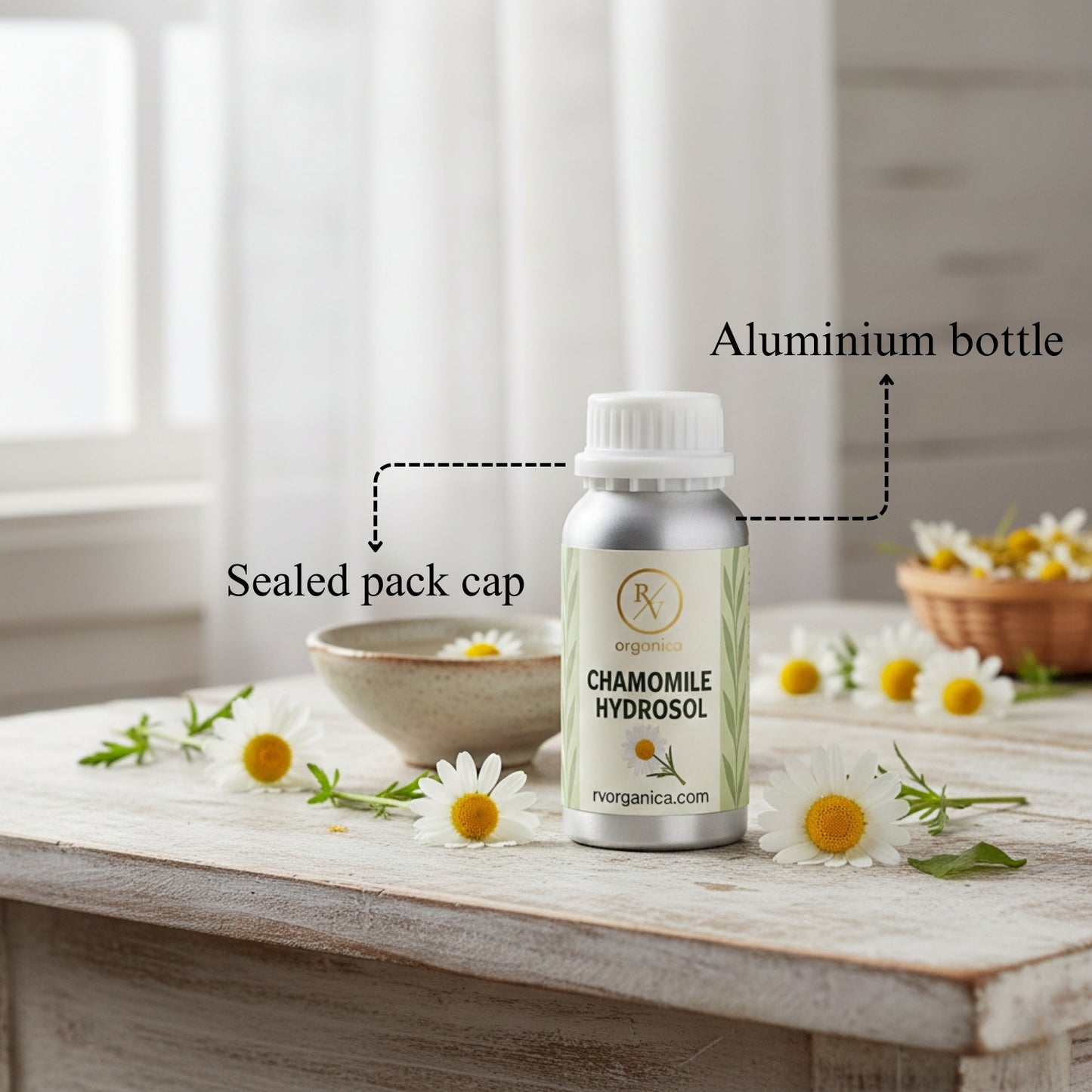 Chamomile Hydrosol in aluminium bottle with sealed cap – pure natural chamomile floral water for gentle skincare use