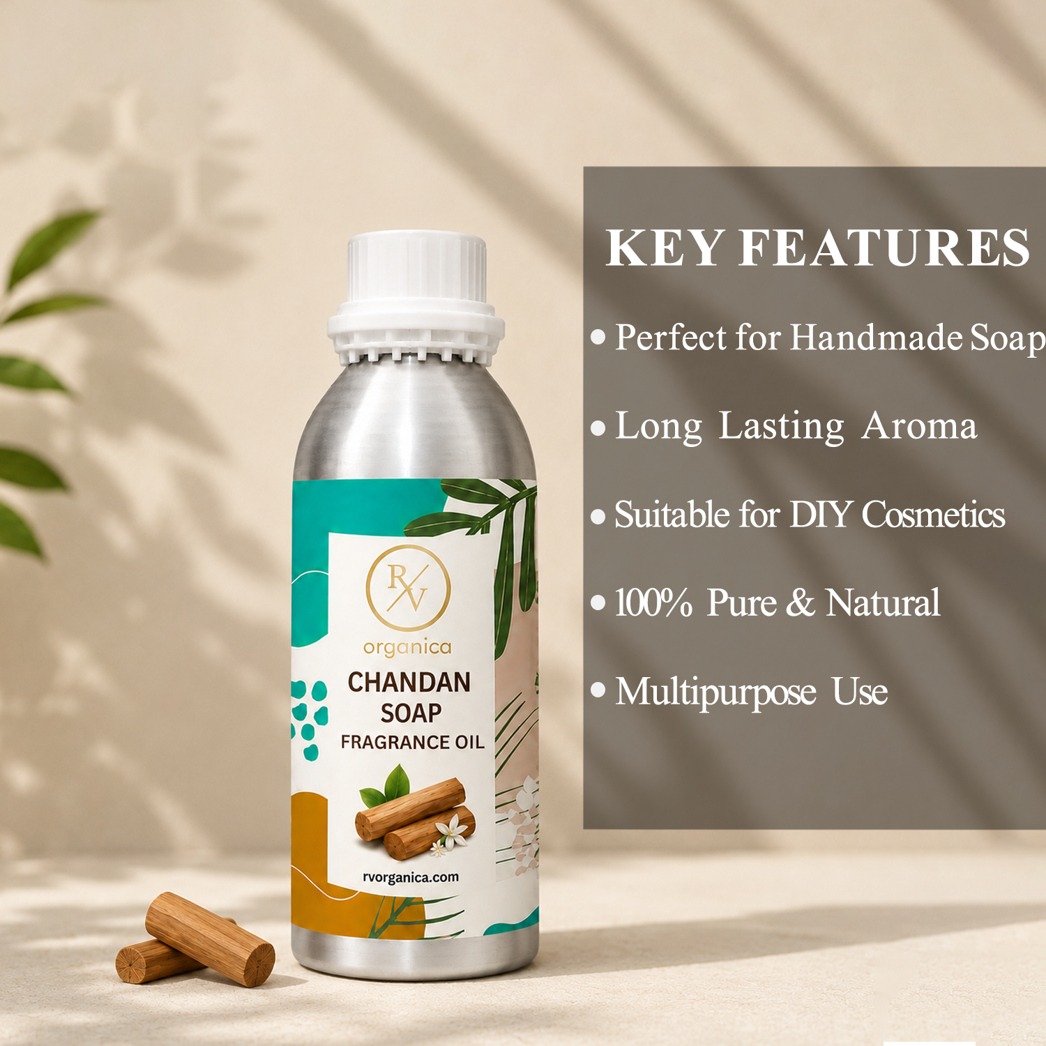 Key features of Chandan Soap Fragrance Oil include rich sandalwood aroma, long-lasting fragrance, ideal for soaps and personal care products, strong scent retention, premium quality, IFRA compliant, and multipurpose use.