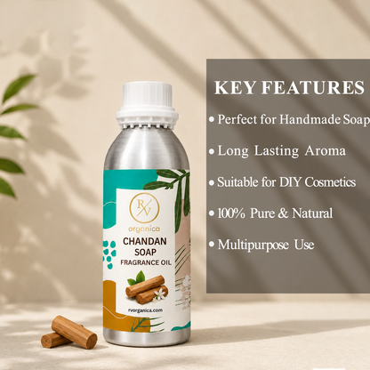 Key features of Chandan Soap Fragrance Oil include rich sandalwood aroma, long-lasting fragrance, ideal for soaps and personal care products, strong scent retention, premium quality, IFRA compliant, and multipurpose use.