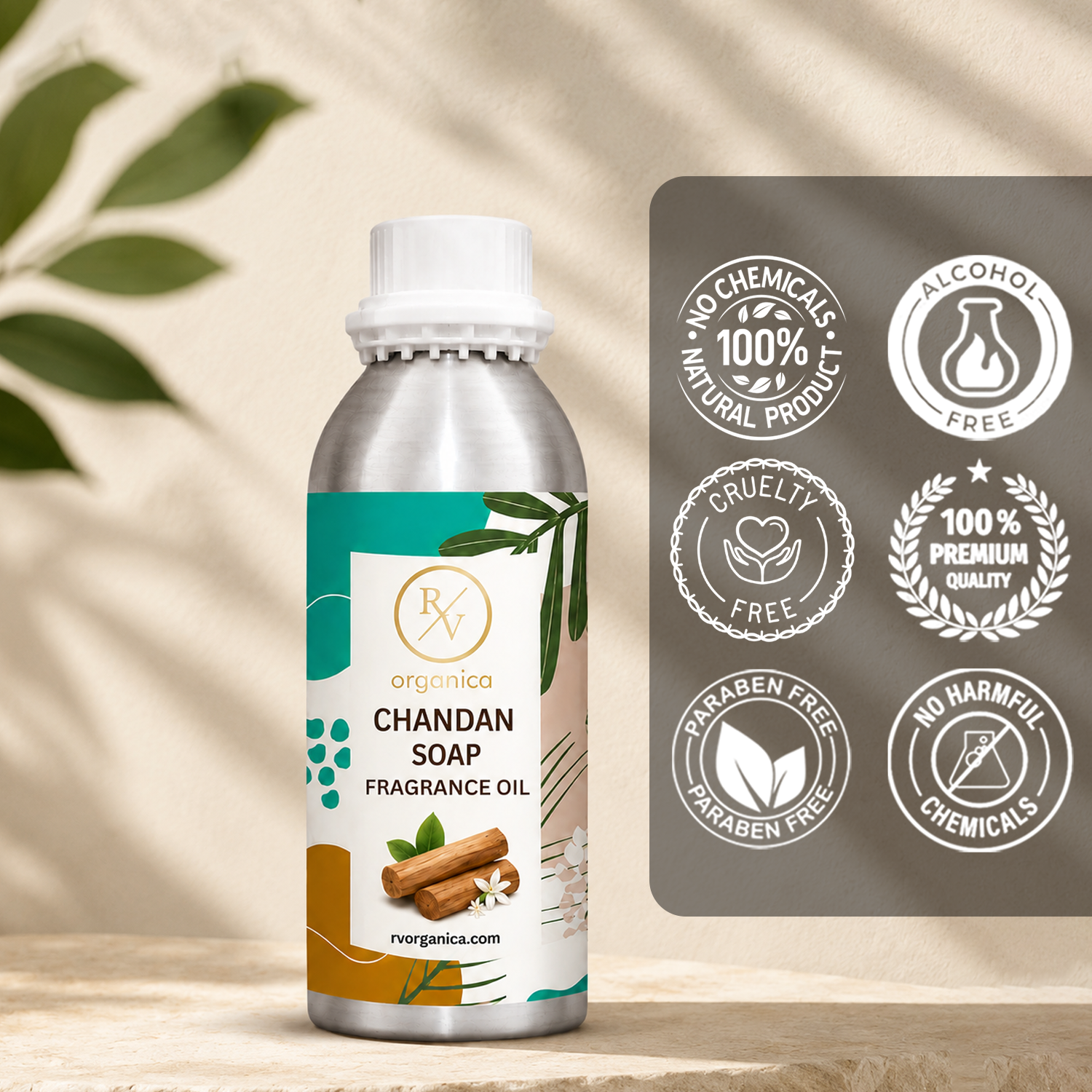 Chandan Soap Fragrance Oil in a premium aluminium bottle with quality icons highlighting long-lasting fragrance, premium quality, IFRA compliant, cruelty-free, Made in India, and multipurpose use.