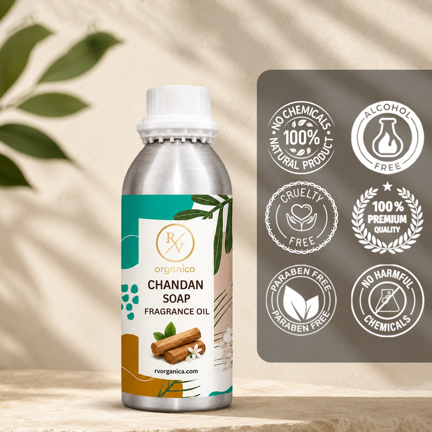 Chandan Soap Fragrance Oil in a premium aluminium bottle with quality icons highlighting long-lasting fragrance, premium quality, IFRA compliant, cruelty-free, Made in India, and multipurpose use.
