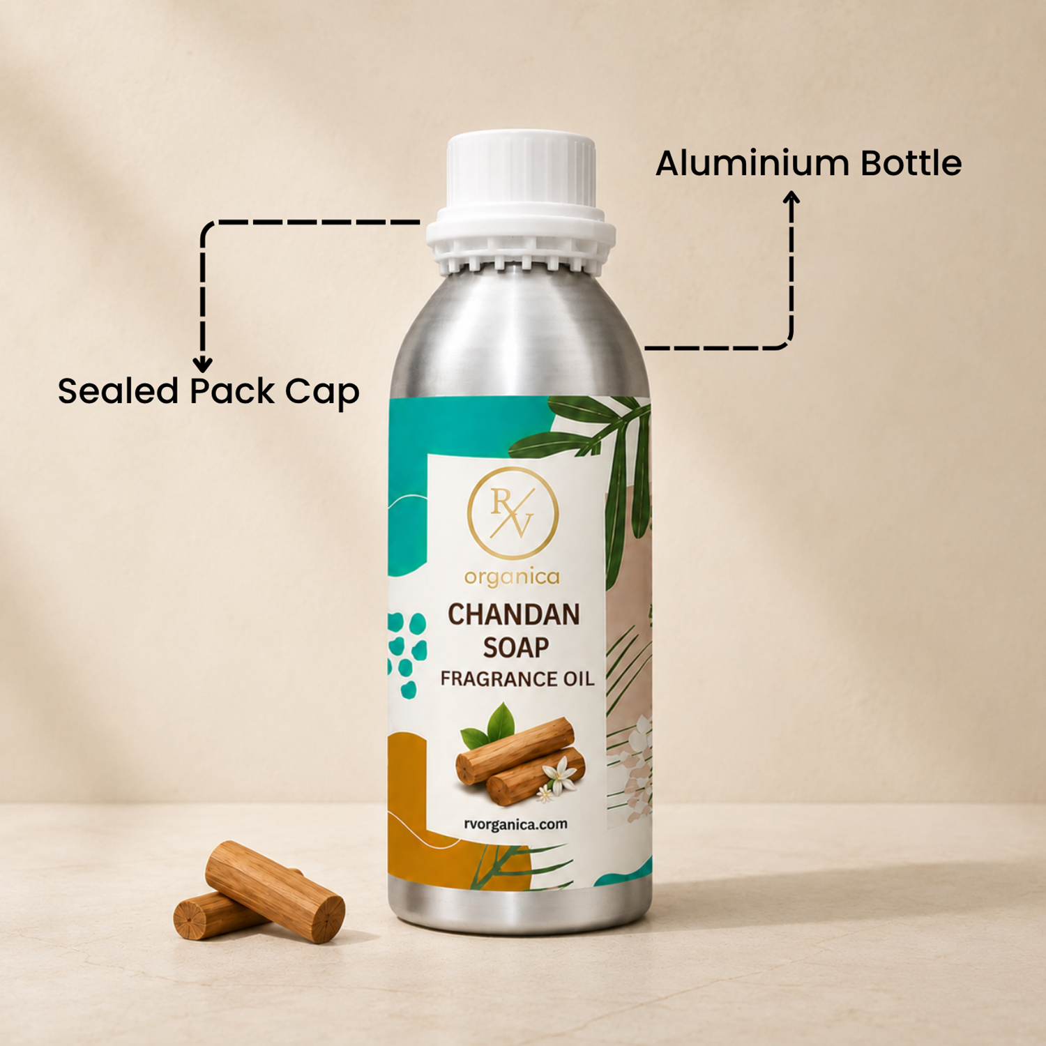 Sealed aluminium bottle of Chandan Soap Fragrance Oil with secure packaging, helping maintain freshness and premium fragrance quality.