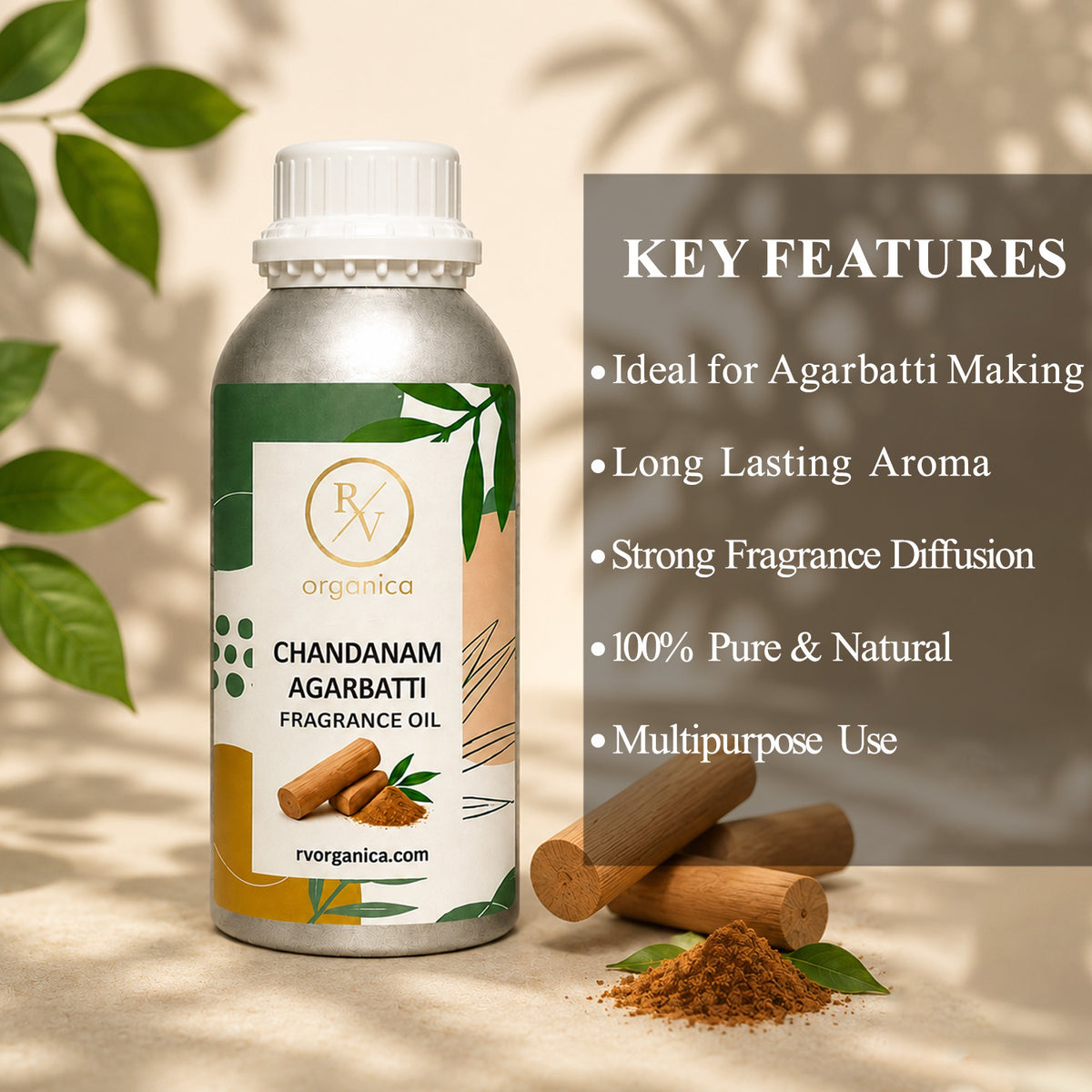 Key features of Chandanam Agarbatti Fragrance Oil include rich sandalwood incense aroma, long-lasting fragrance, strong scent diffusion, IFRA compliant, premium quality, and multipurpose use for agarbatti, candles, soaps, perfumes, and home fragrance products.