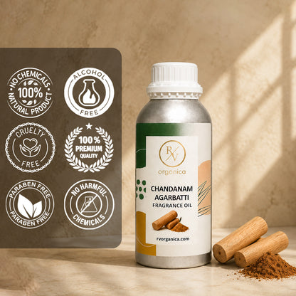 Chandanam Agarbatti Fragrance Oil in a premium aluminium bottle with quality icons highlighting long-lasting aroma, premium quality, IFRA compliant, cruelty-free, and multipurpose fragrance applications.