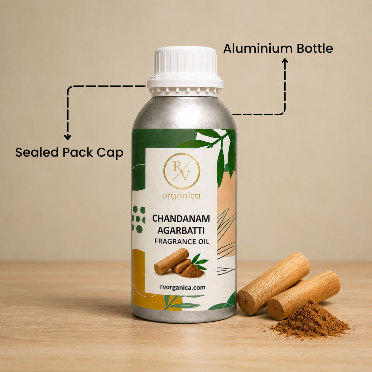 Sealed aluminium bottle of Chandanam Agarbatti Fragrance Oil, ensuring purity, freshness, leak-proof packaging, and premium fragrance quality for bulk and personal use.