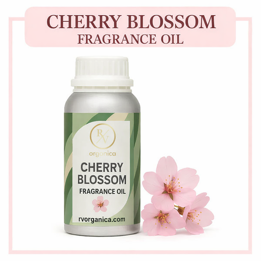 Cherry blossom fragrance oil bottle with flowers on a white background