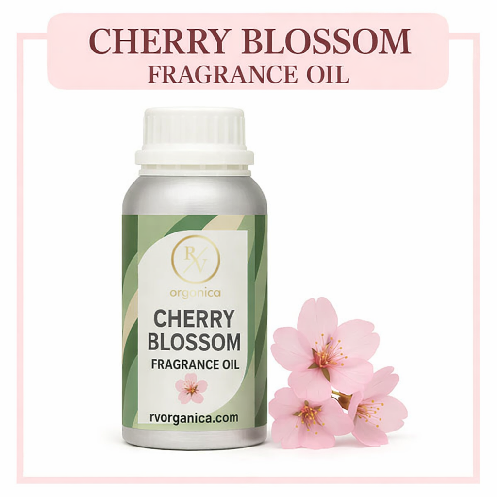 Cherry blossom fragrance oil bottle with flowers on a white background