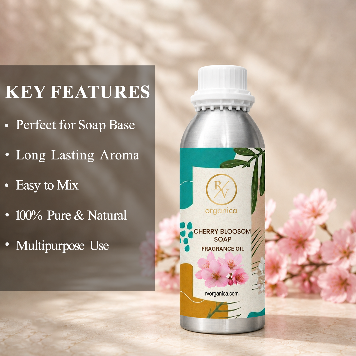 Key features of Cherry Blossom Soap Fragrance Oil include a sweet floral aroma, long-lasting fragrance, ideal for soaps and body care products, strong scent retention, premium quality, IFRA compliant, and multipurpose use.