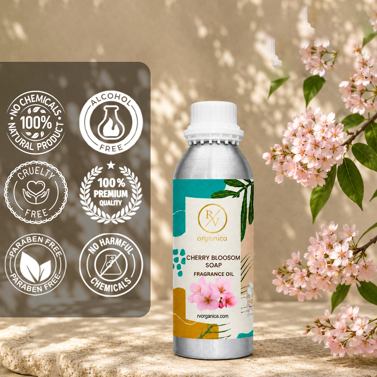 Cherry Blossom Soap Fragrance Oil in a premium aluminium bottle with quality icons highlighting long-lasting fragrance, premium quality, IFRA compliant, cruelty-free, Made in India, and multipurpose use.