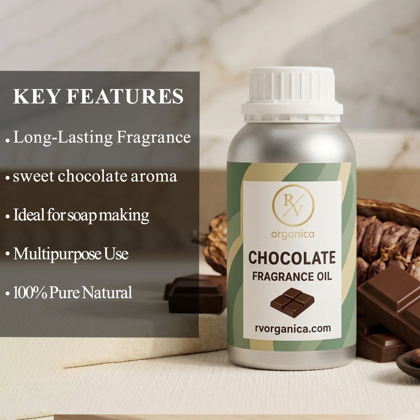 “Chocolate fragrance oil key features long lasting sweet cocoa aroma”