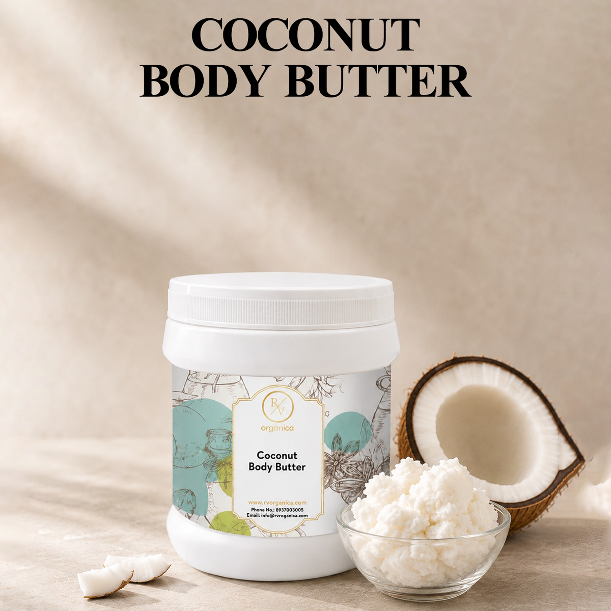 RV Organica Coconut Body Butter jar with natural coconut ingredients for daily skin nourishment