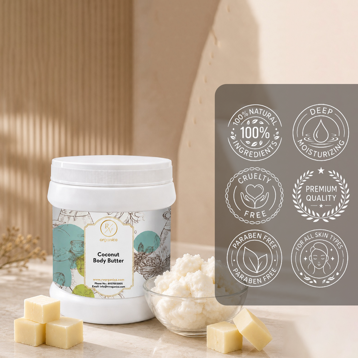 RV Organica Coconut Body Butter natural moisturizer with buttery smooth texture for hydrated skin