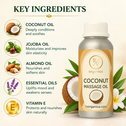 Coconut Massage Oil for relaxing body massage, skin hydration, and natural nourishment