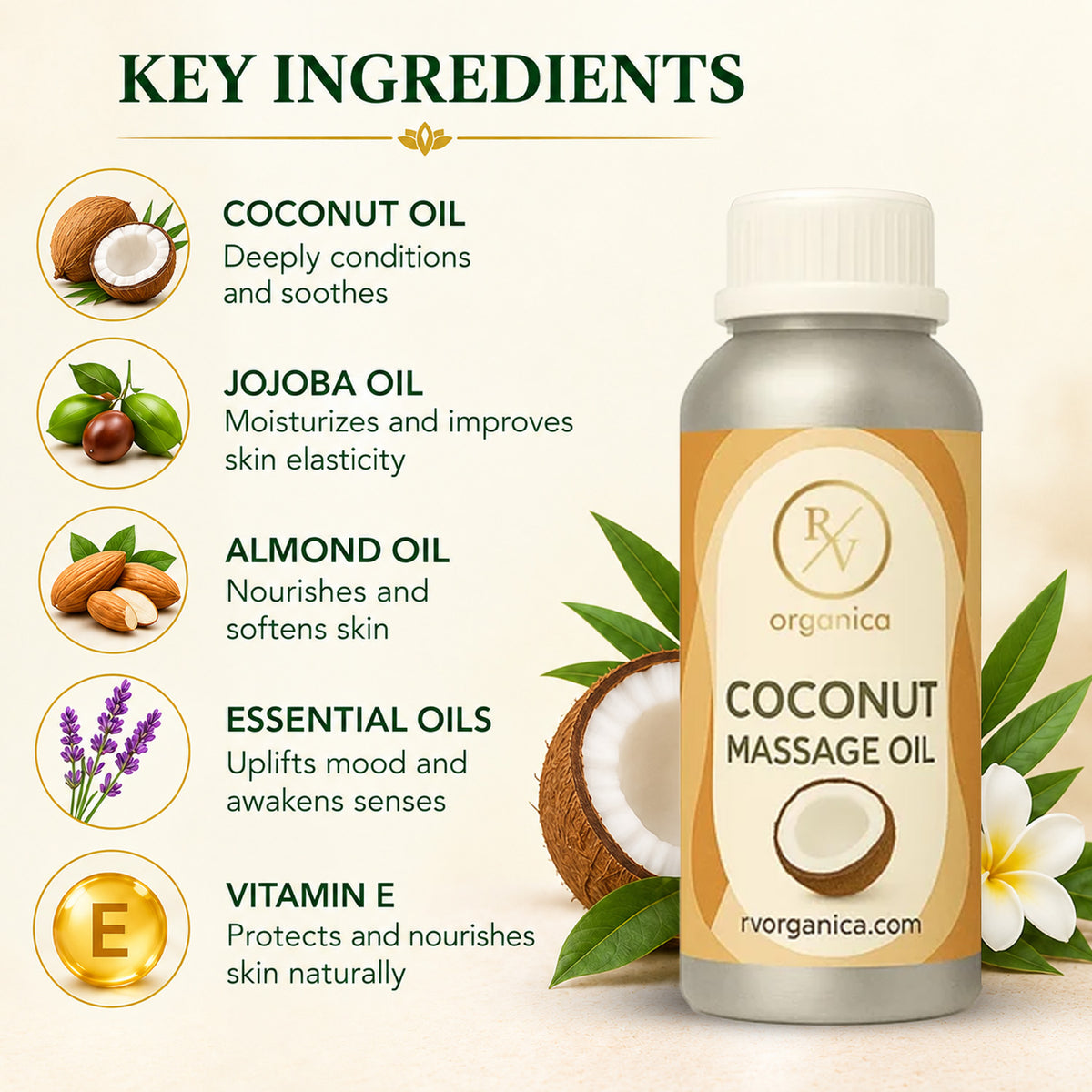 Coconut Massage Oil for relaxing body massage, skin hydration, and natural nourishment