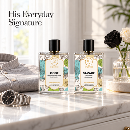 Code and Savage Eau de Parfum for men on a marble vanity