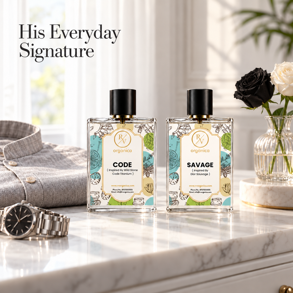 Code and Savage Eau de Parfum for men on a marble vanity