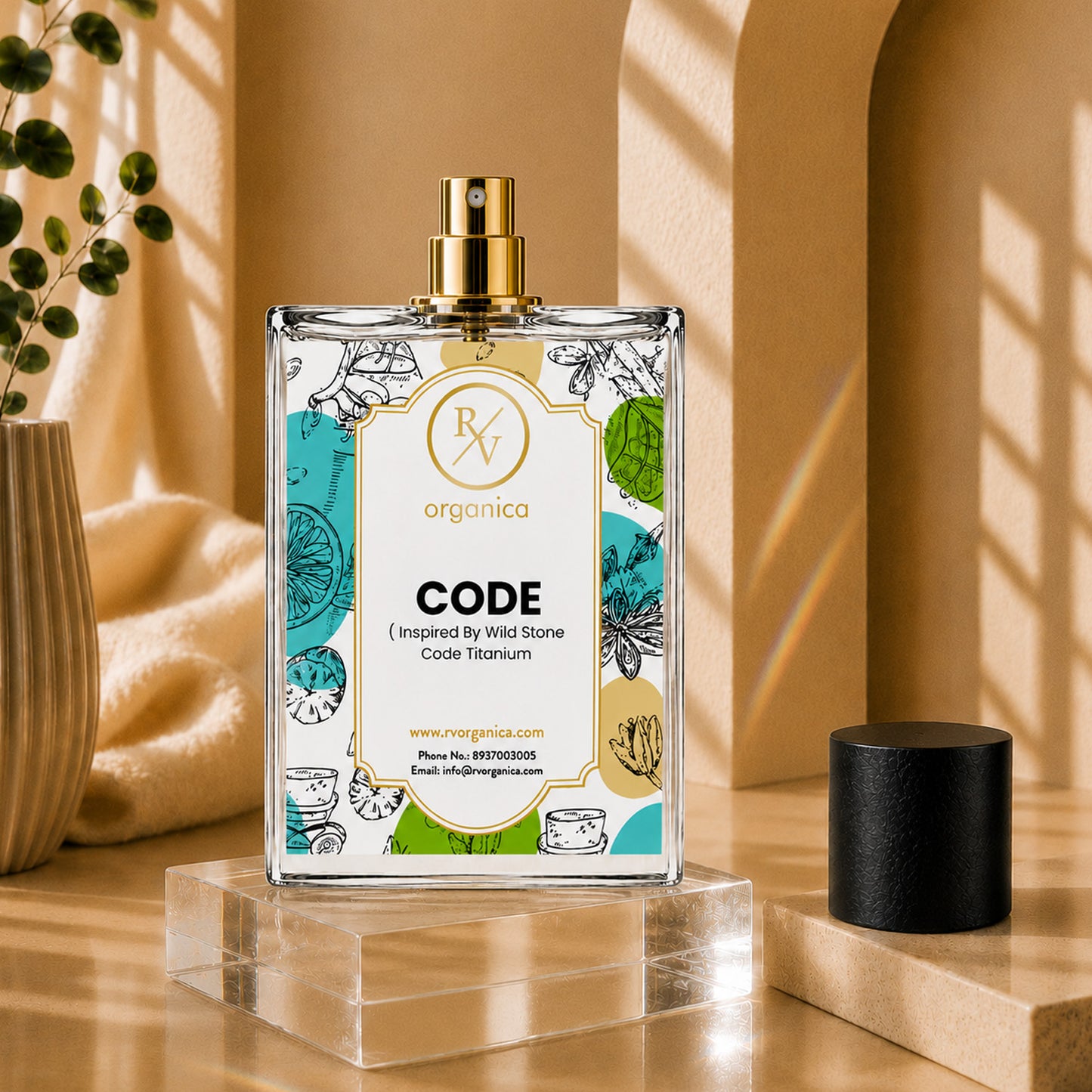 Front view of RV Organica Code fragrance oil bottle on a clear acrylic stand with elegant beige background