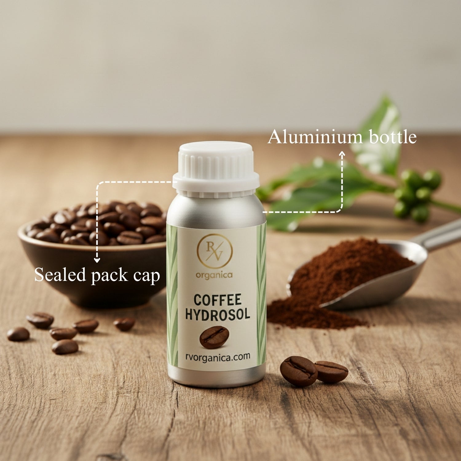 Coffee Hydrosol in aluminium bottle with sealed cap – pure natural coffee floral water for skincare and multipurpose use