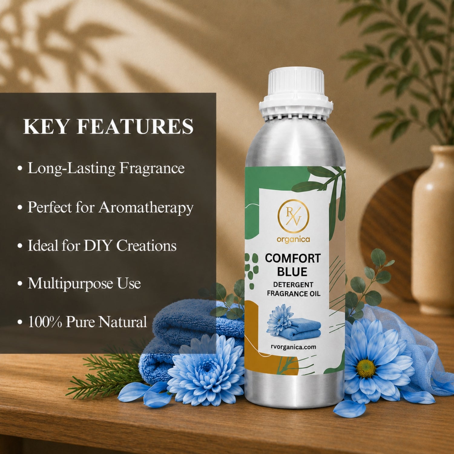 Key features of Comfort Blue Detergent Fragrance Oil include a fresh floral laundry aroma, long-lasting fragrance, ideal for detergents and fabric conditioners, enhanced freshness, IFRA compliant, premium quality, and multipurpose use.