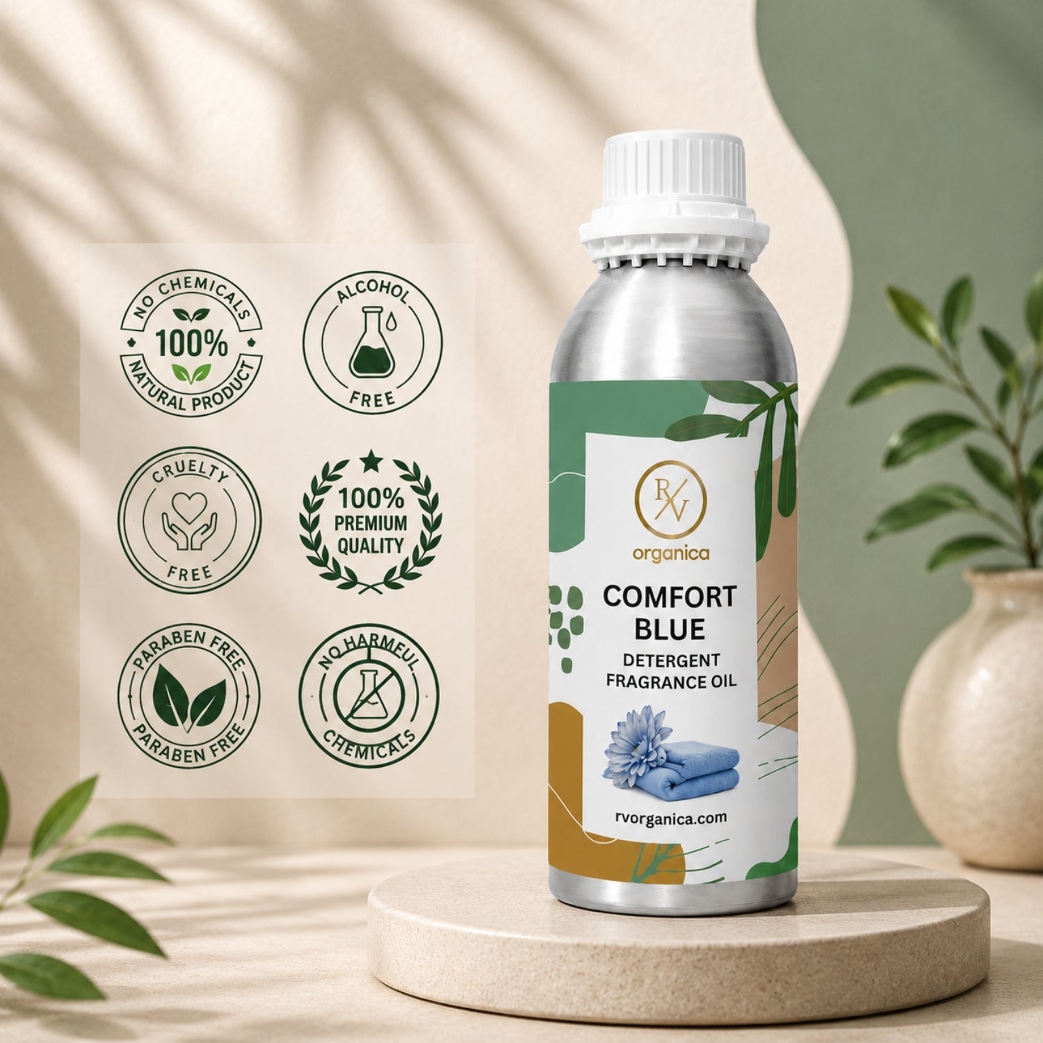 Comfort Blue Detergent Fragrance Oil in a premium aluminium bottle with quality icons highlighting long-lasting fragrance, premium quality, IFRA compliant, cruelty-free, Made in India, and multipurpose fragrance applications.