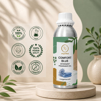 Comfort Blue Detergent Fragrance Oil in a premium aluminium bottle with quality icons highlighting long-lasting fragrance, premium quality, IFRA compliant, cruelty-free, Made in India, and multipurpose fragrance applications.