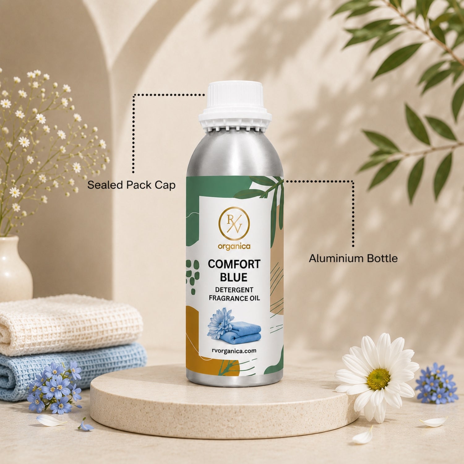 Sealed aluminium bottle of Comfort Blue Detergent Fragrance Oil, ensuring purity, freshness, leak-proof packaging, and premium fragrance quality for bulk and personal use.