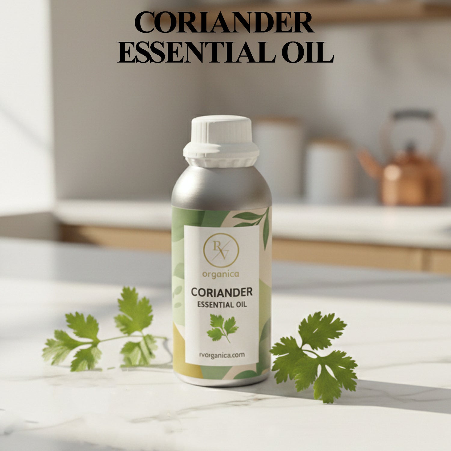 Coriander Essential Oil premium aluminium bottle with fresh coriander leaves background