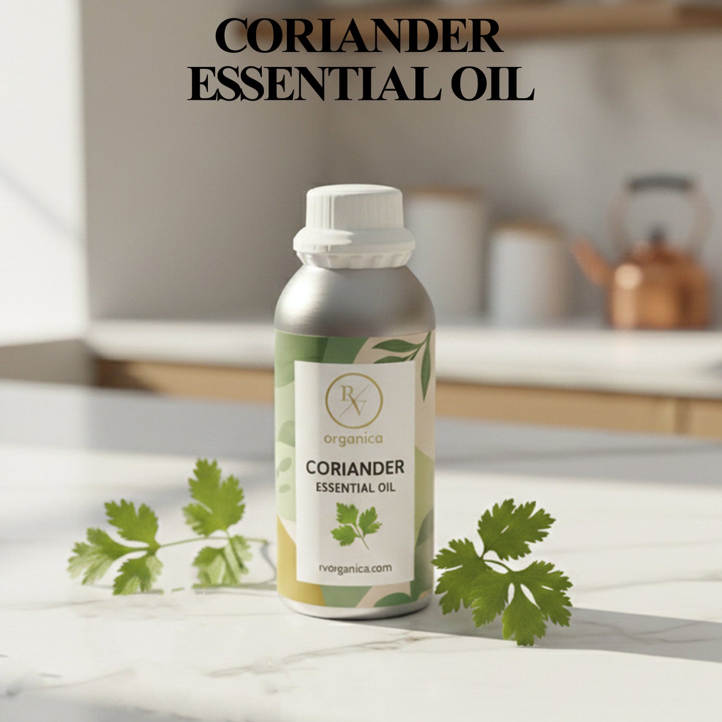 Coriander Essential Oil premium aluminium bottle with fresh coriander leaves background