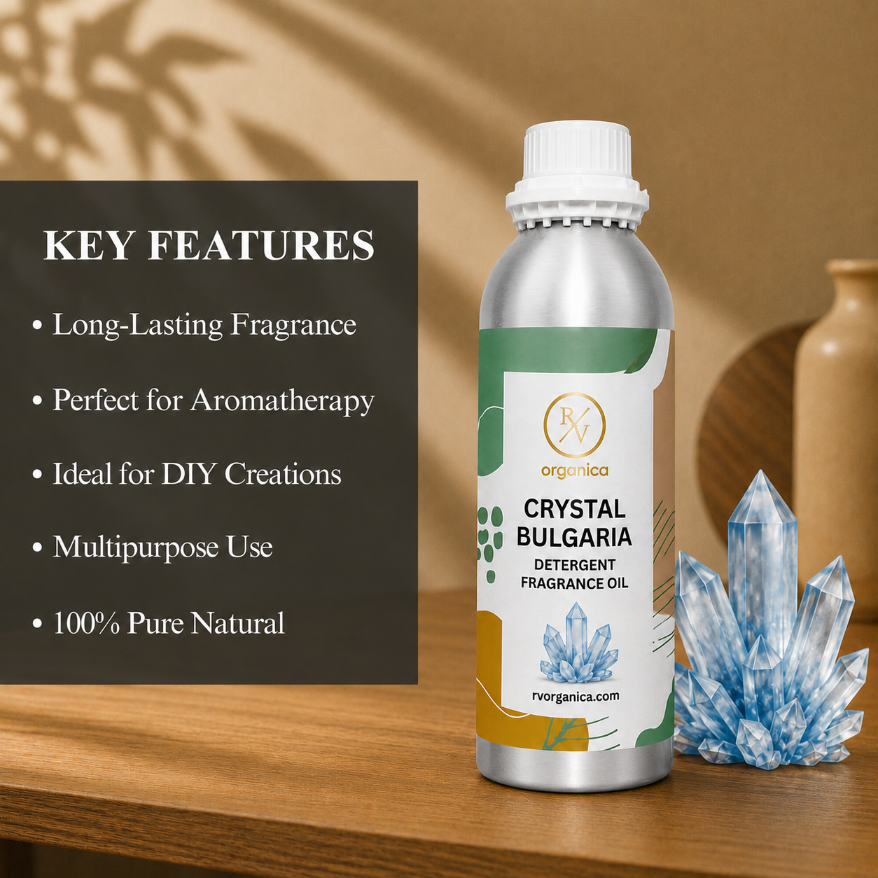Key features of Crystal Bulgaria Detergent Fragrance Oil include fresh floral laundry aroma, long-lasting fragrance, ideal for detergents and fabric conditioners, strong scent retention, premium quality, IFRA compliant, and multipurpose use.