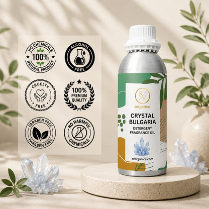 Crystal Bulgaria Detergent Fragrance Oil in a premium aluminium bottle with quality icons highlighting long-lasting fragrance, premium quality, IFRA compliant, cruelty-free, Made in India, and multipurpose use.