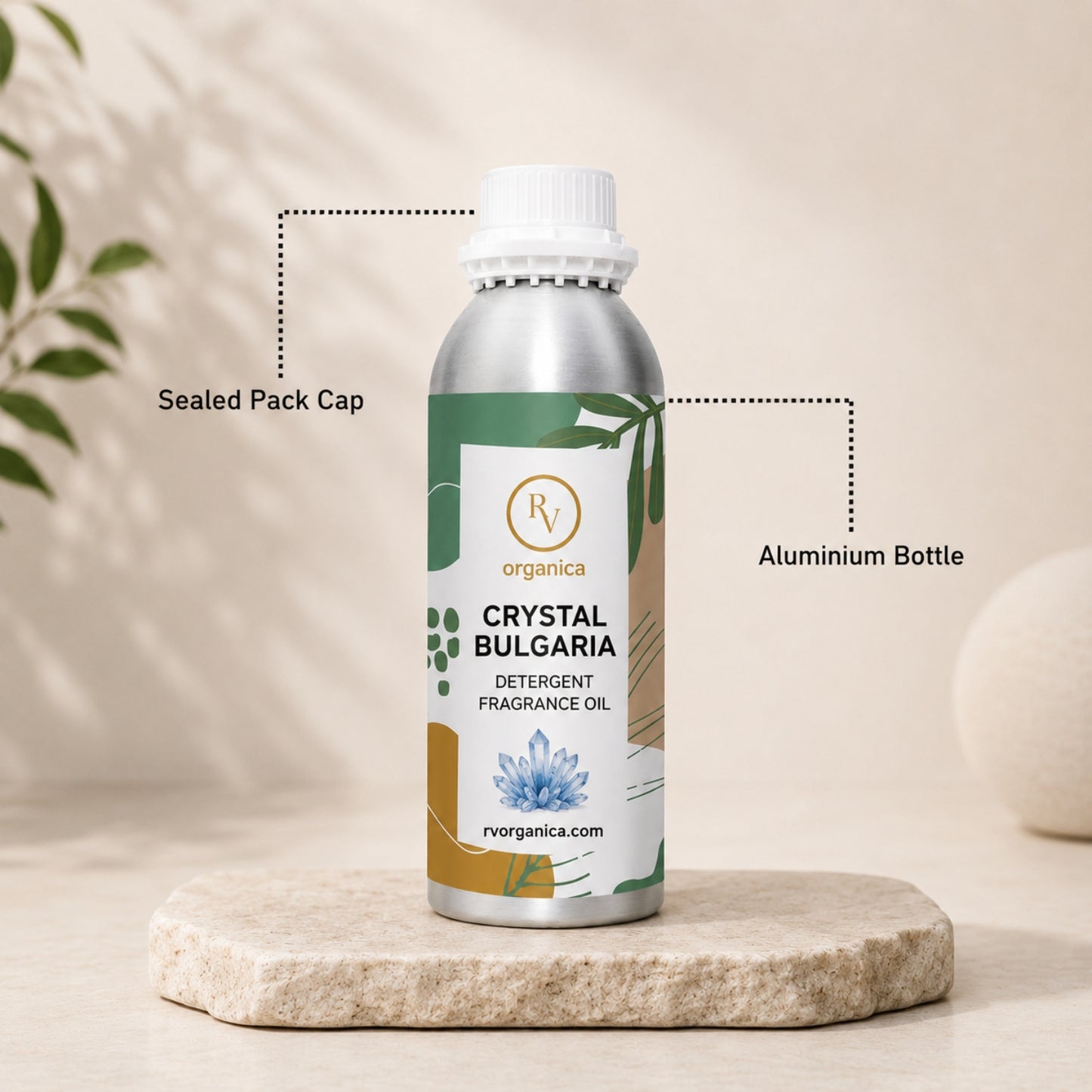 Sealed aluminium bottle of Crystal Bulgaria Detergent Fragrance Oil with secure packaging, helping maintain freshness and premium fragrance quality.