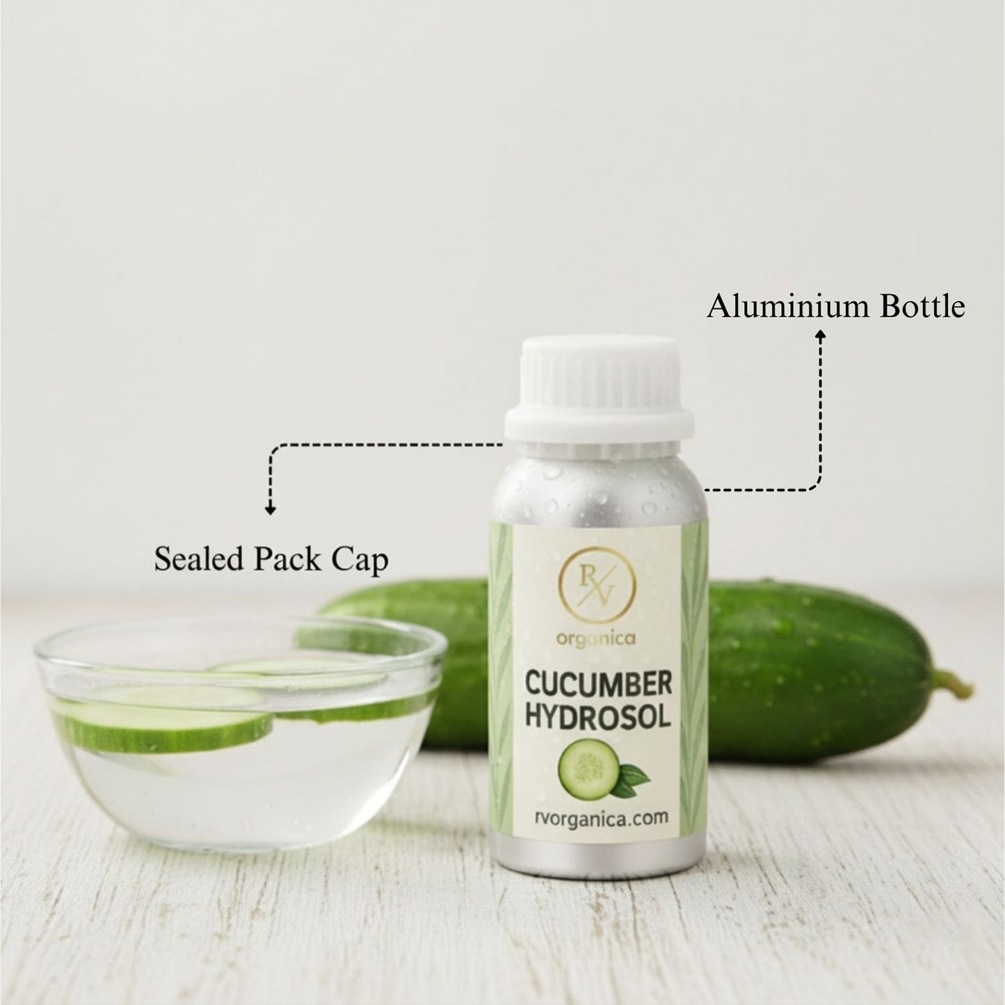 Cucumber Hydrosol in aluminium bottle with sealed cap – pure natural cucumber floral water for skincare and face mist use